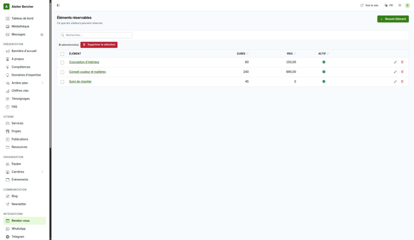 The bookable items screen: item, duration, price and whether it is active.